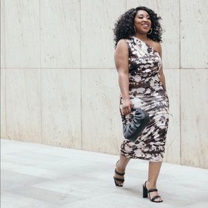 Marble print one shoulder midi dress